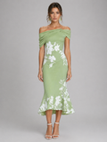 Women’s Off-Shoulder Floral Midi Dress – Draped Elegant Fit