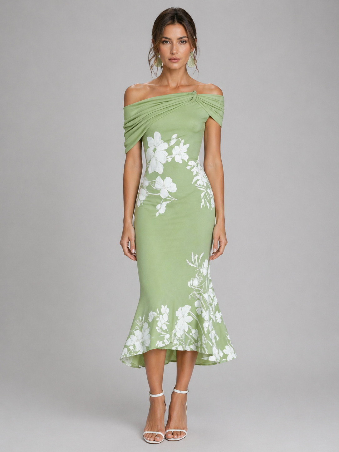 Women’s Off-Shoulder Floral Midi Dress – Draped Elegant Fit