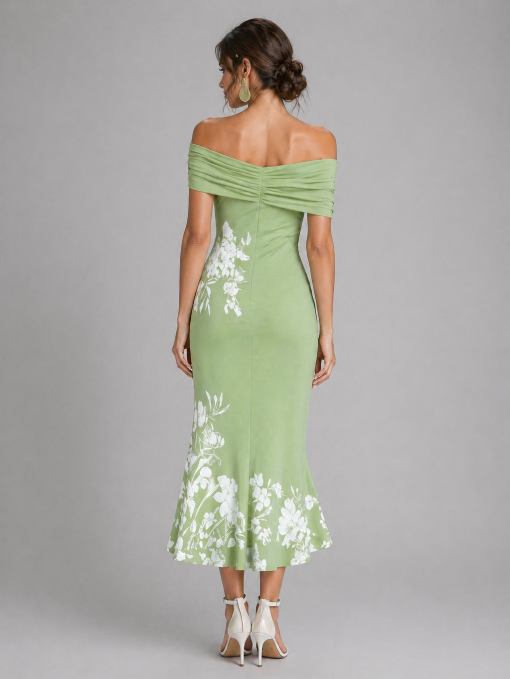 Women’s Off-Shoulder Floral Midi Dress – Draped Elegant Fit