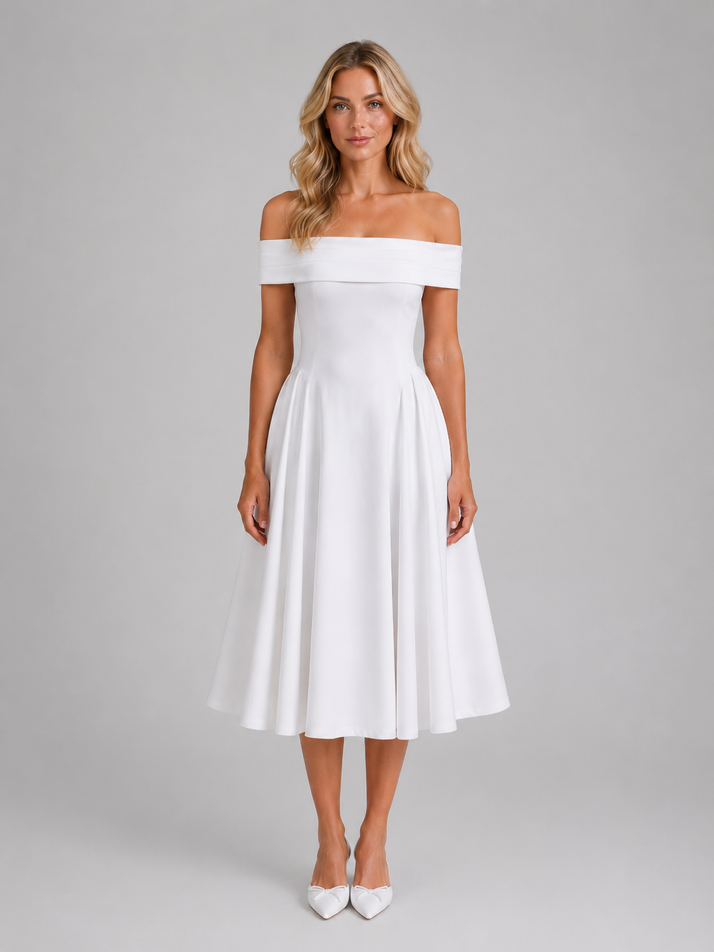 Women's Off-Shoulder Pleated Midi Dress – Wedding Guest Occasion