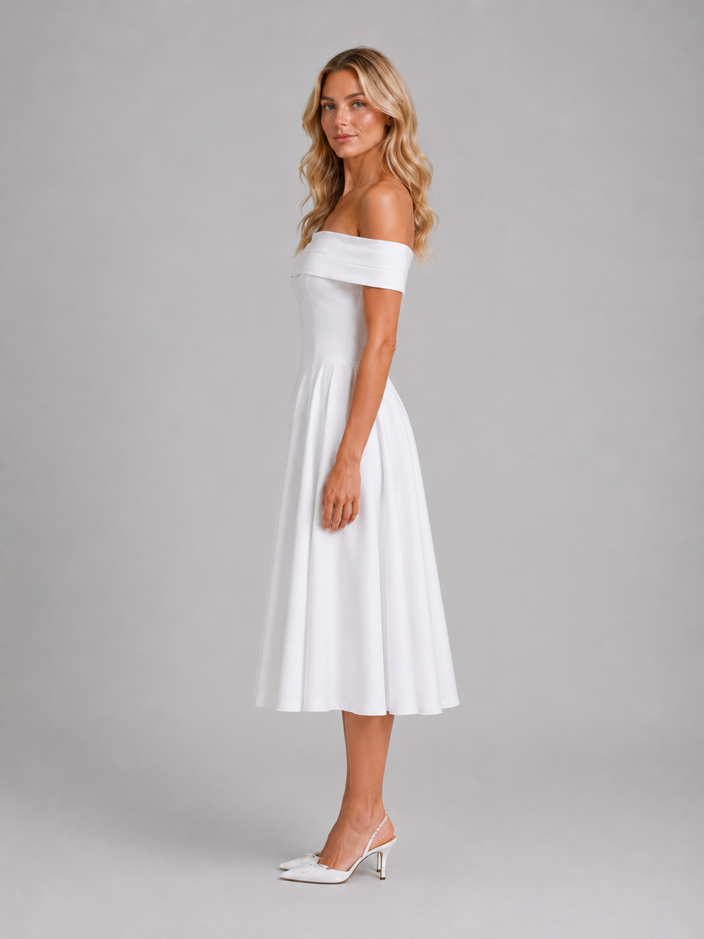 Women's Off-Shoulder Pleated Midi Dress – Wedding Guest Occasion