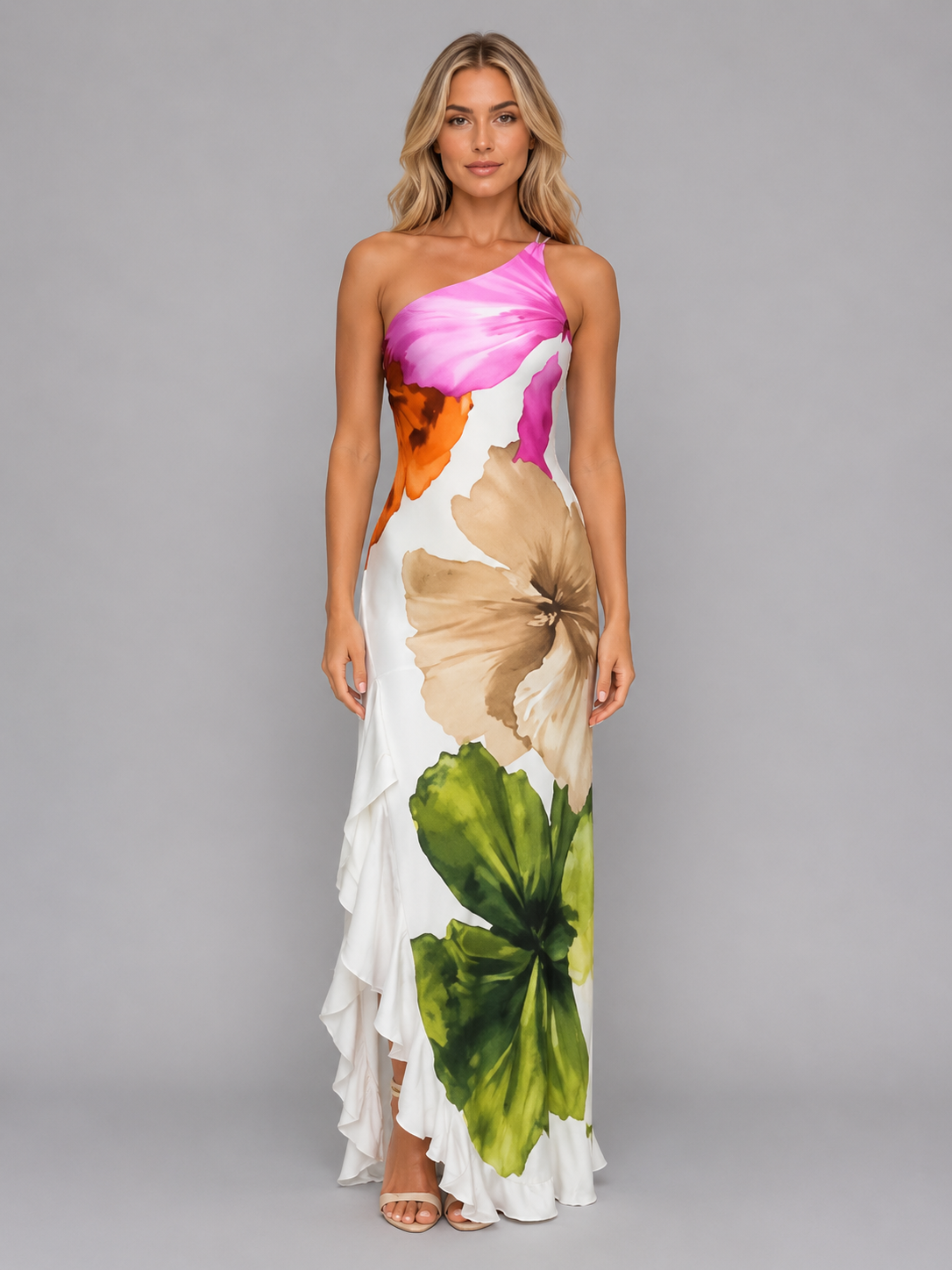 Women’s One-Shoulder Floral Maxi Dress – Ruffle Hem Summer Style