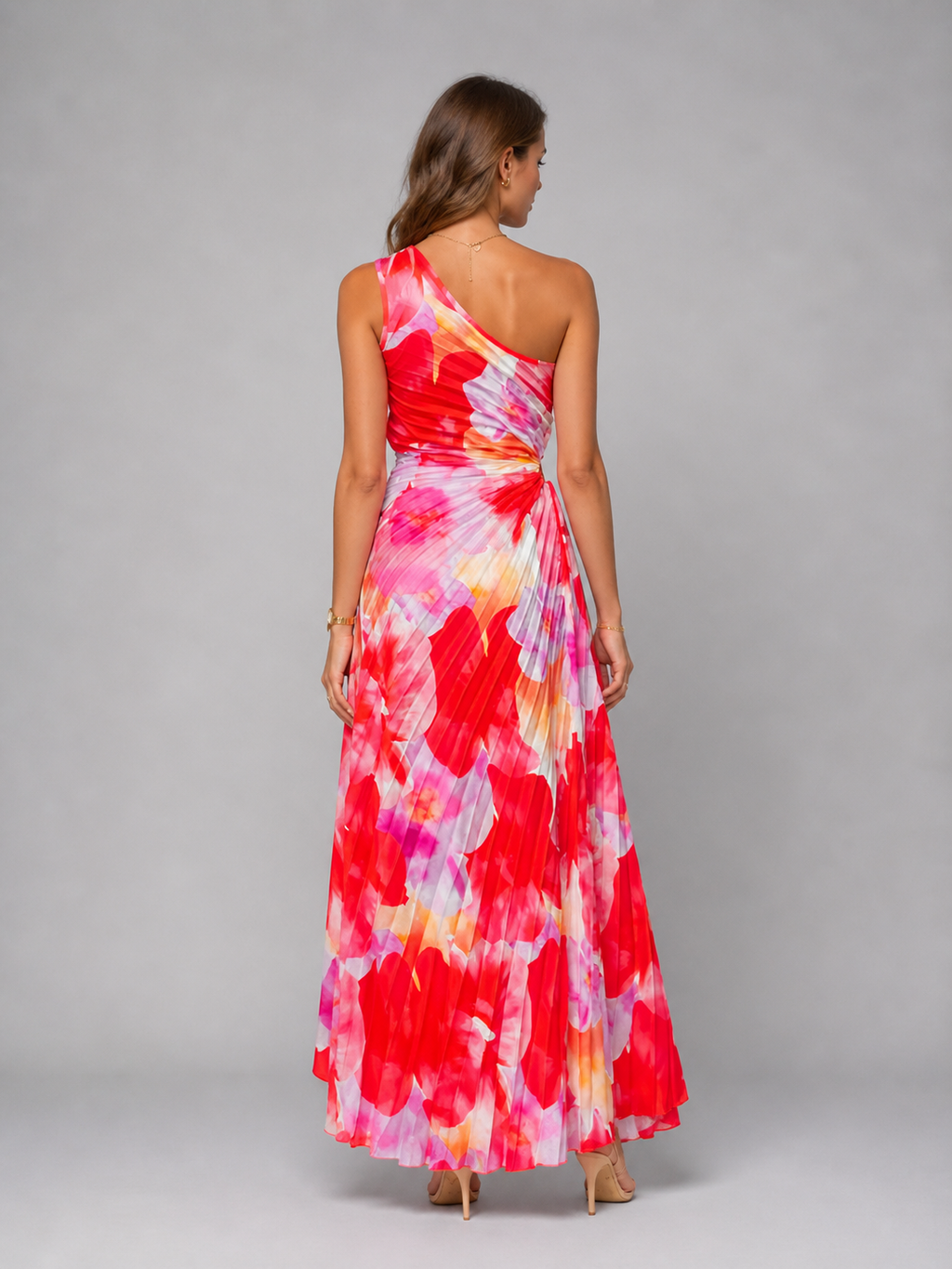 Women’s One-Shoulder Pleated Maxi Dress – Floral Statement Elegance