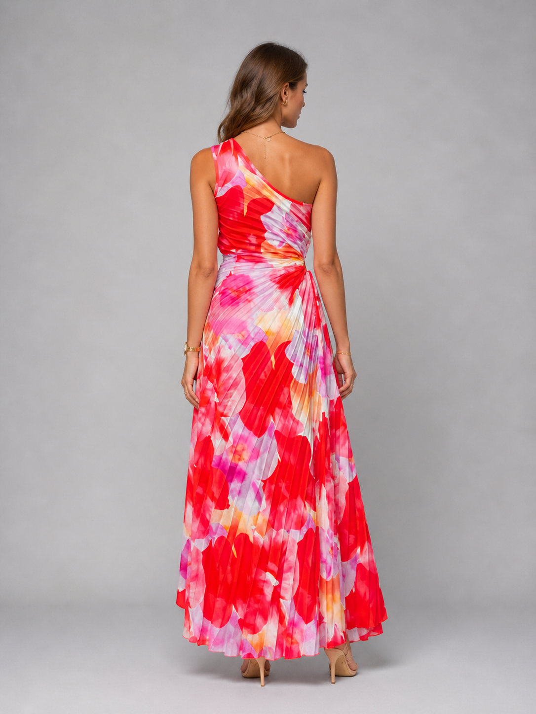 Women’s One-Shoulder Pleated Maxi Dress – Floral Statement Elegance