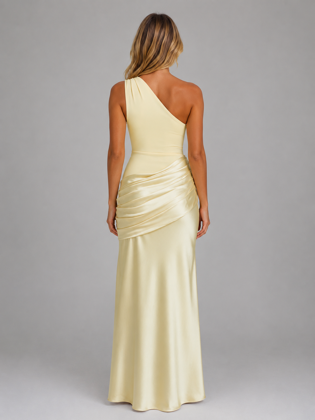 Women's One Shoulder Satin Feel Ruched Maxi Dress – Elegant Bodycon Evening Gown