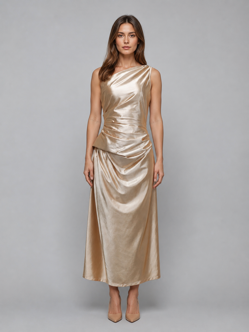 Women's One Shoulder Satin Look Midi Dress – Ruched Evening Dress