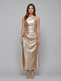 Women's One Shoulder Satin Look Midi Dress – Ruched Evening Dress