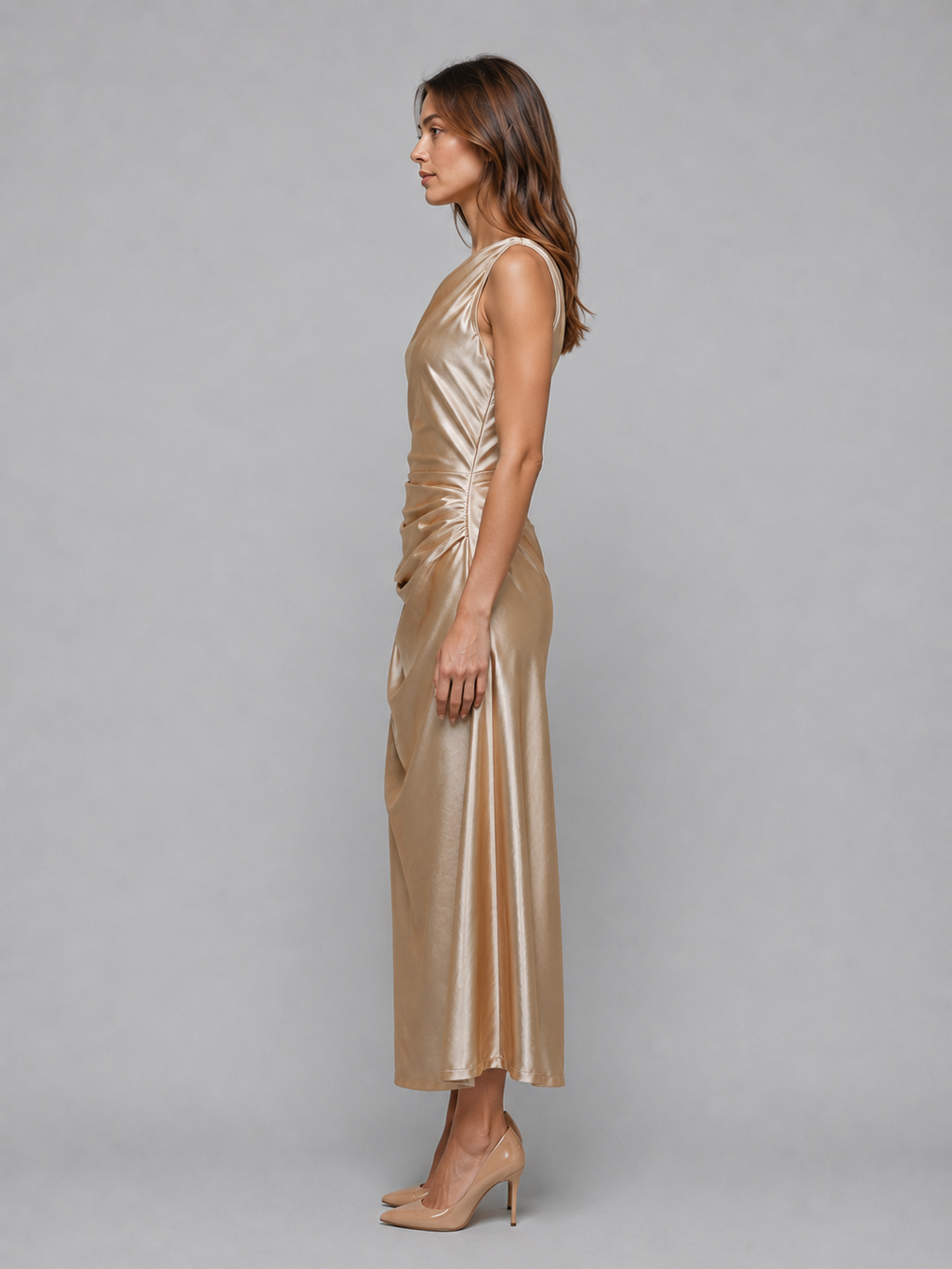 Women's One Shoulder Satin Look Midi Dress – Ruched Evening Dress