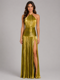 Women’s Pleated Halter Maxi Dress – Elegant High Split