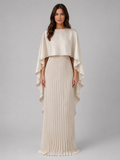 Women’s Pleated Maxi Dress with Cape Sleeves – Flowing Silhouette
