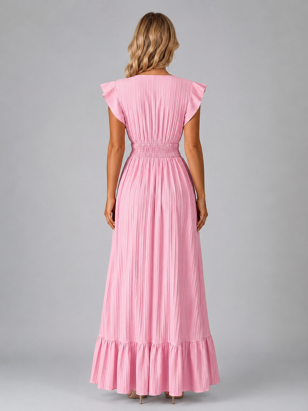 Women’s Pleated Maxi Dress with Flutter Sleeves – Flowing Elegant Style