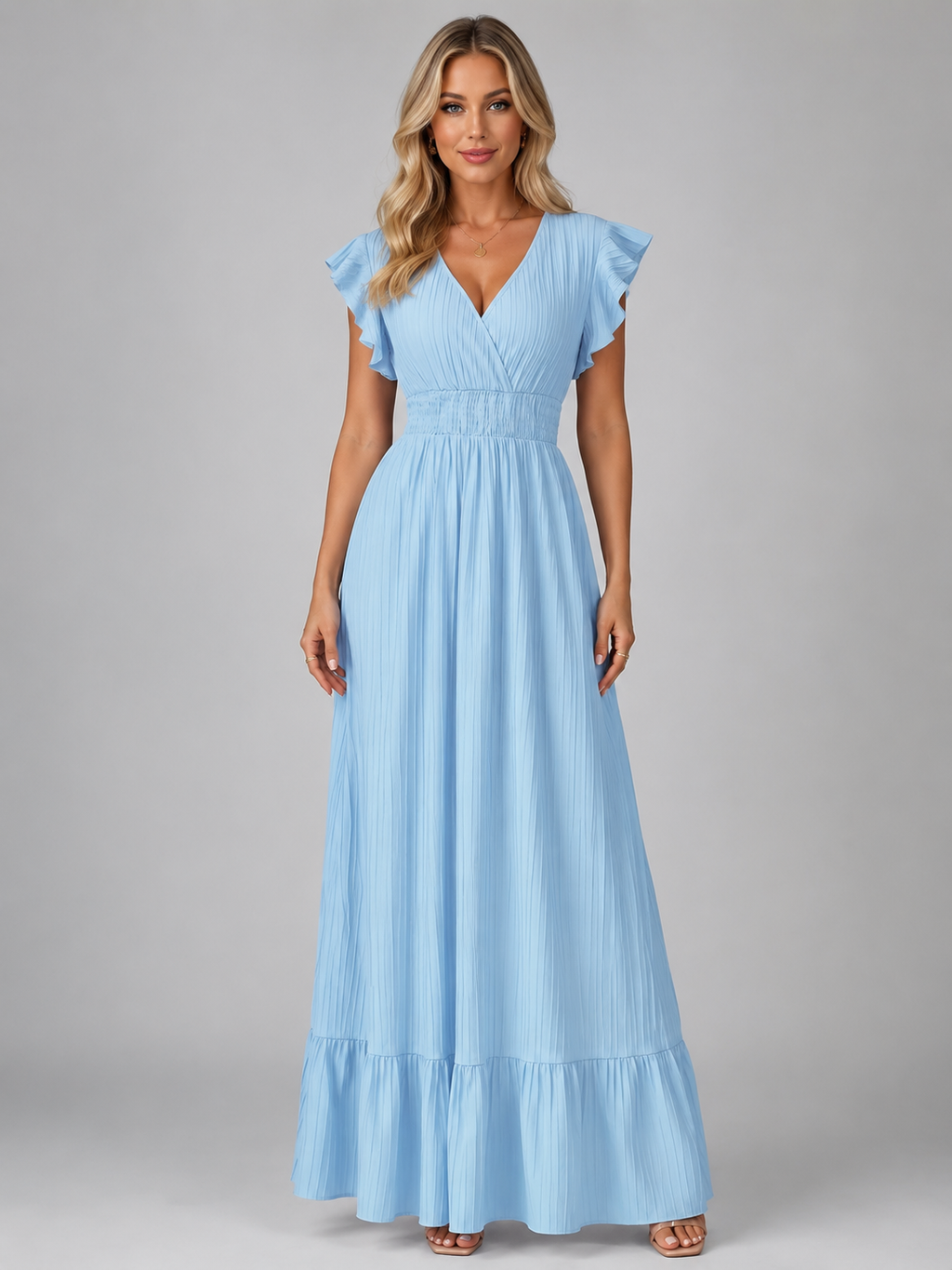 Women’s Pleated Maxi Dress with Flutter Sleeves – Flowing Elegant Style