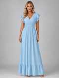 Women’s Pleated Maxi Dress with Flutter Sleeves – Flowing Elegant Style