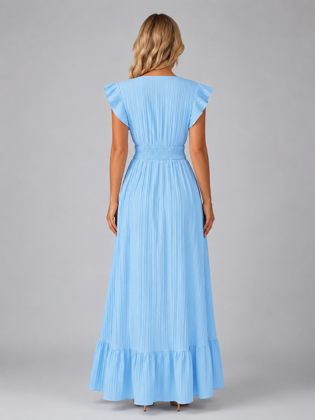 Women’s Pleated Maxi Dress with Flutter Sleeves – Flowing Elegant Style
