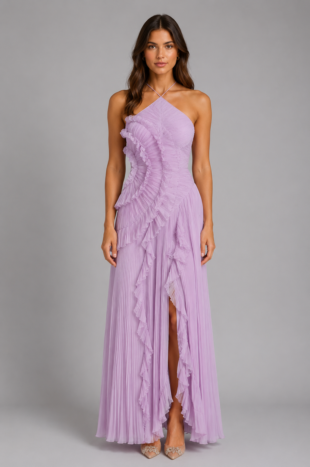 Women's Pleated Ruffle Halter Maxi Dress – Elegant Occasion Wear