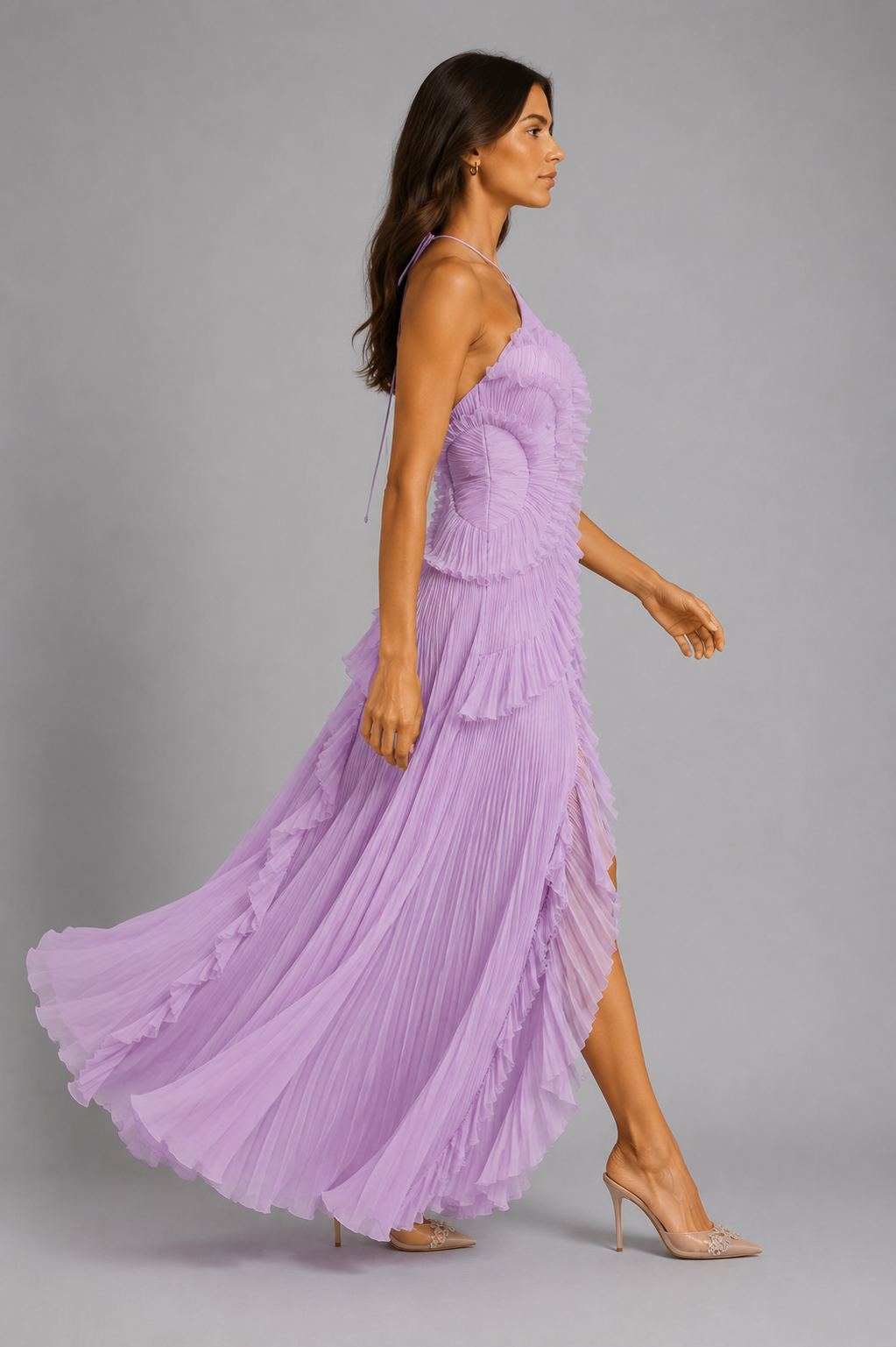 Women's Pleated Ruffle Halter Maxi Dress – Elegant Occasion Wear