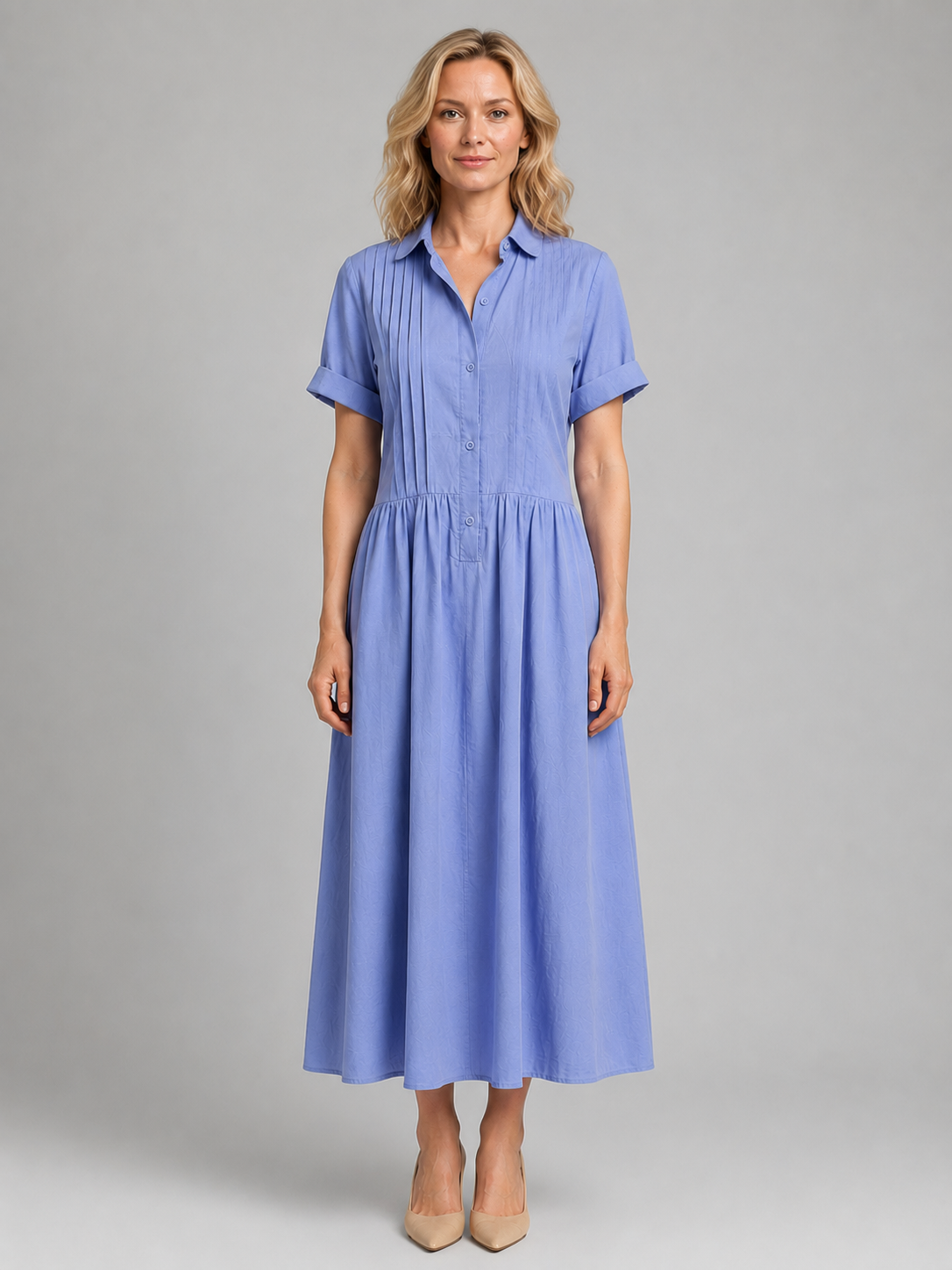 Women's Pleated Shirt Maxi Dress with Pockets – Relaxed Flattering Fit