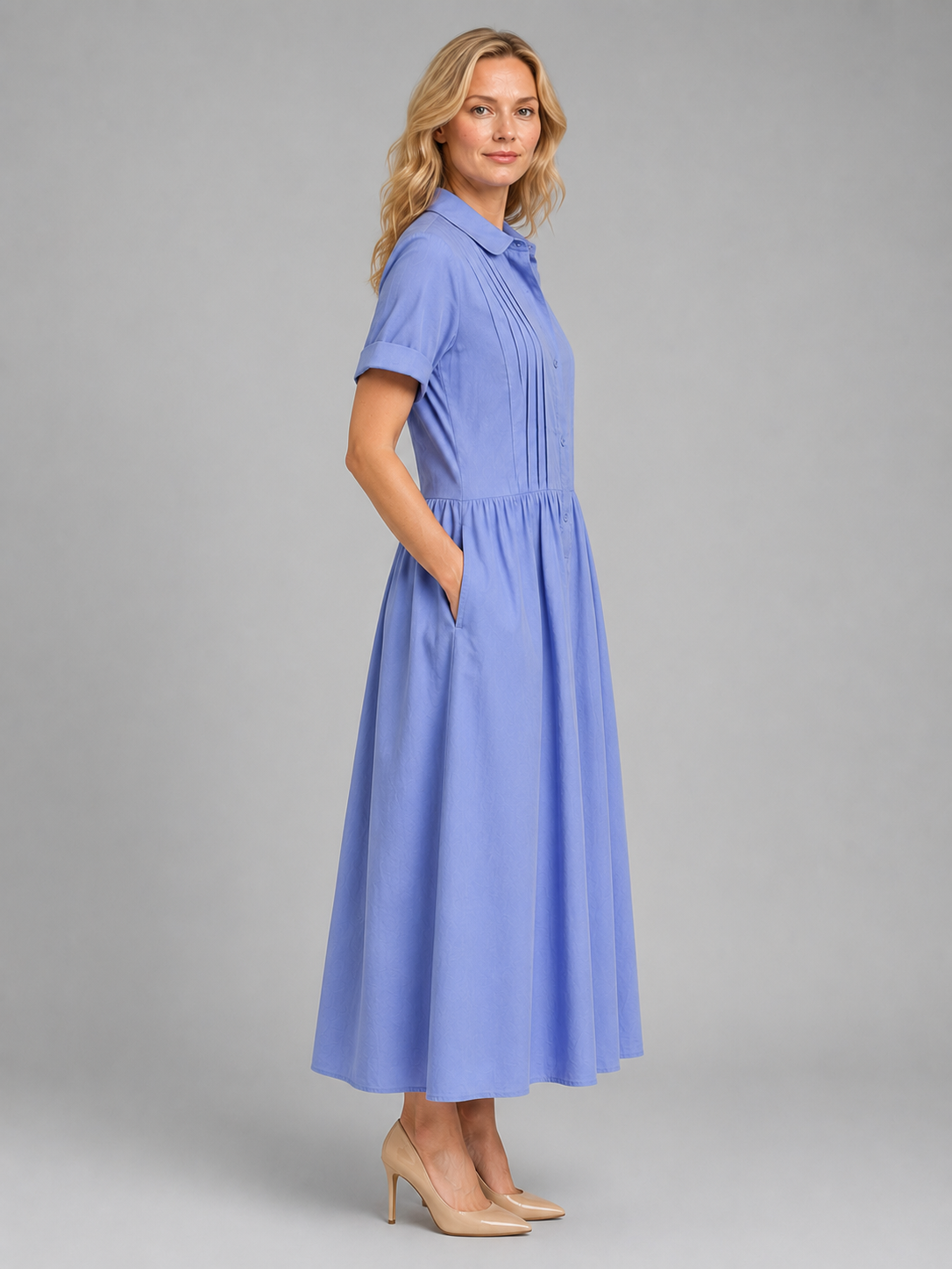 Women's Pleated Shirt Maxi Dress with Pockets – Relaxed Flattering Fit