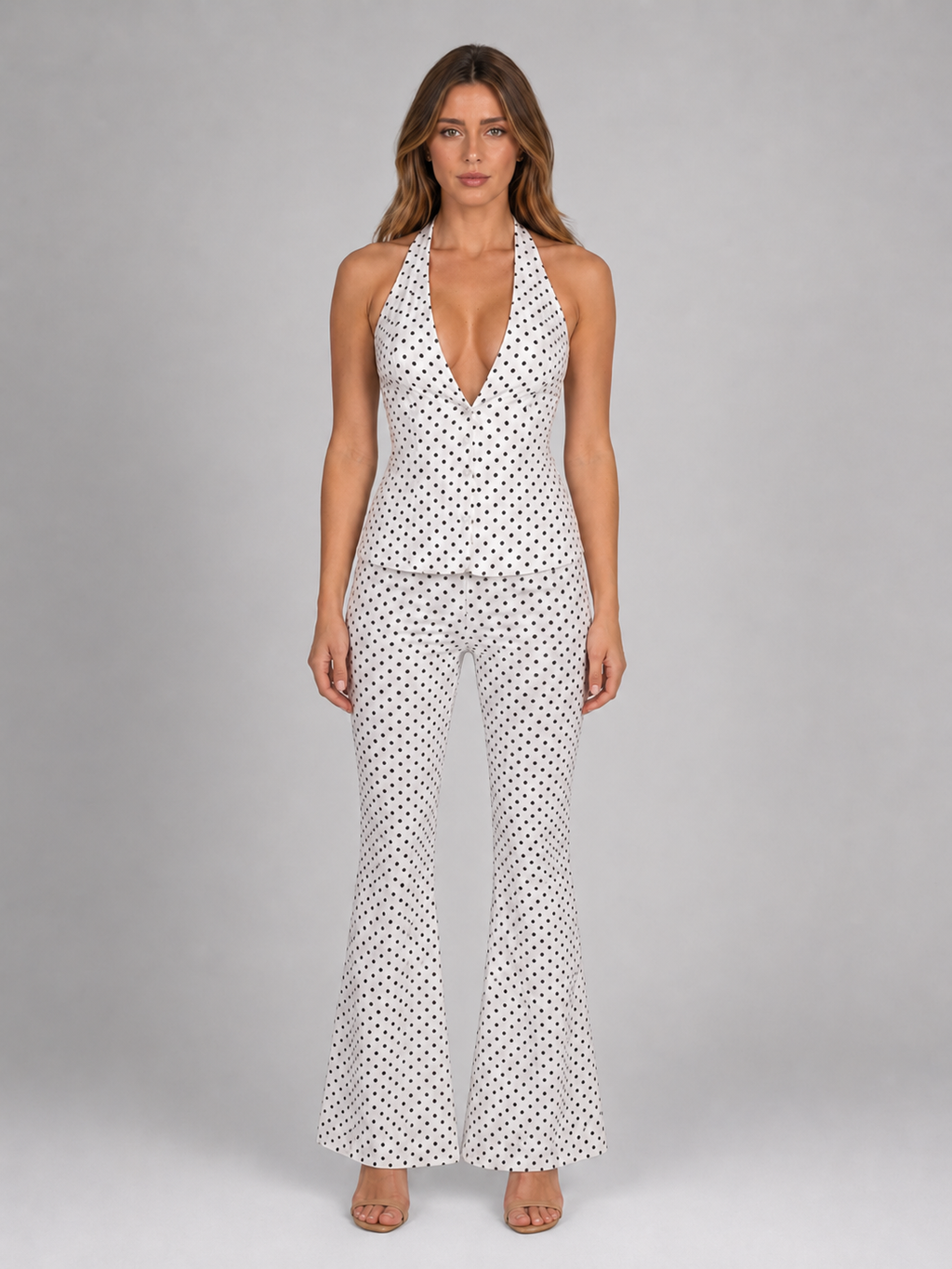 Women's Polka Dot Halter Top & Wide Leg Trousers Co-Ord Set – Summer Outfit