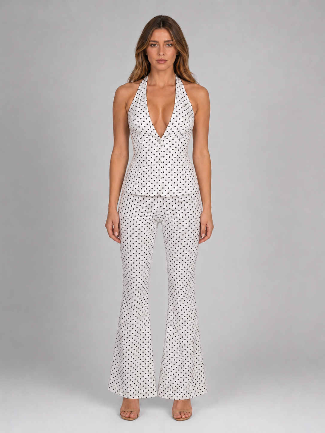 Women's Polka Dot Halter Top & Wide Leg Trousers Co-Ord Set – Summer Outfit
