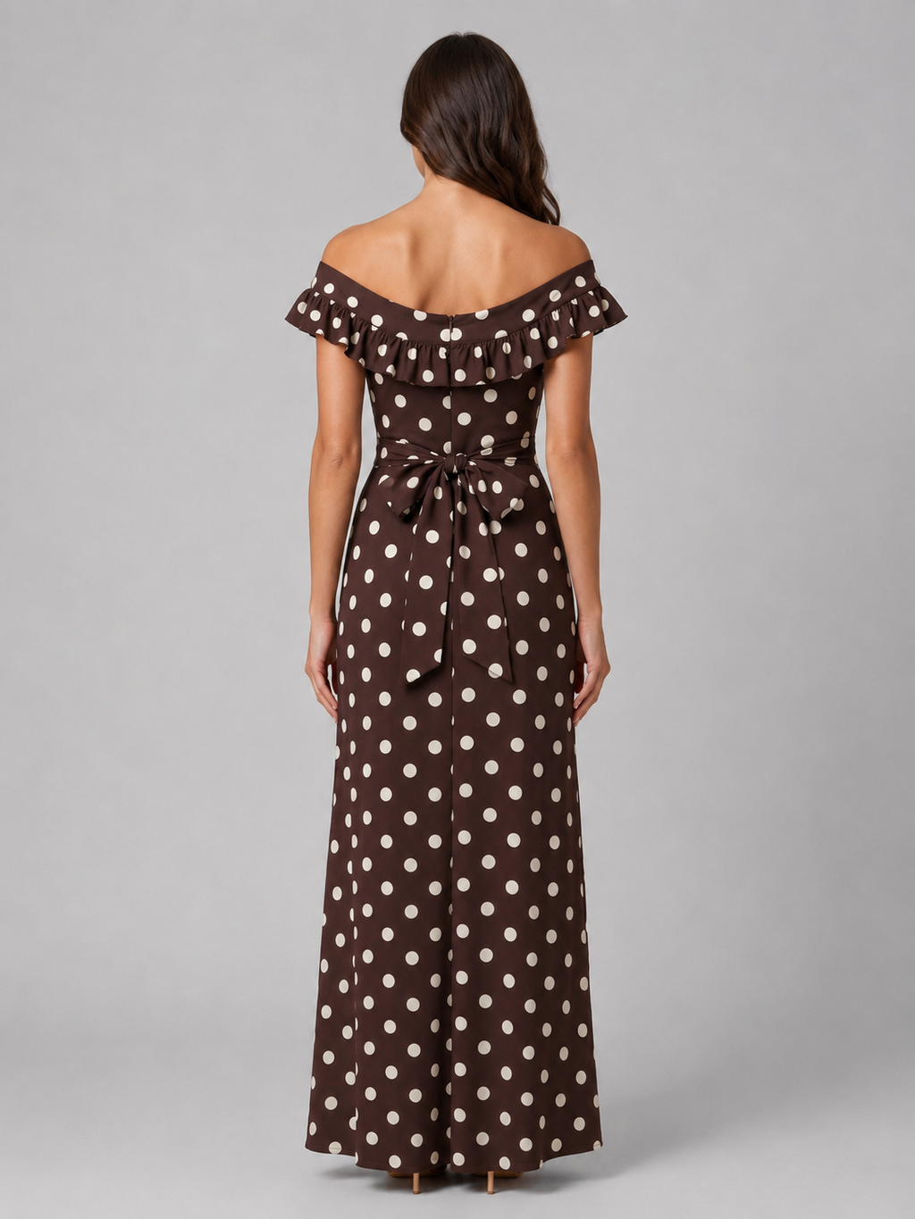 Women’s Polka Dot Maxi Dress – Off-Shoulder Ruffle Neckline