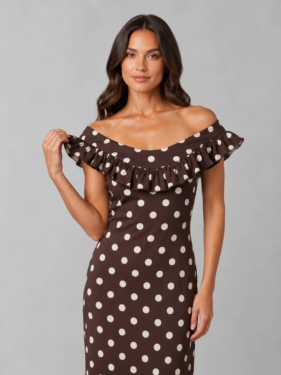 Women’s Polka Dot Maxi Dress – Off-Shoulder Ruffle Neckline