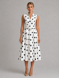 Women’s Polka Dot Midi Dress – Sleeveless V-Neck Summer Style