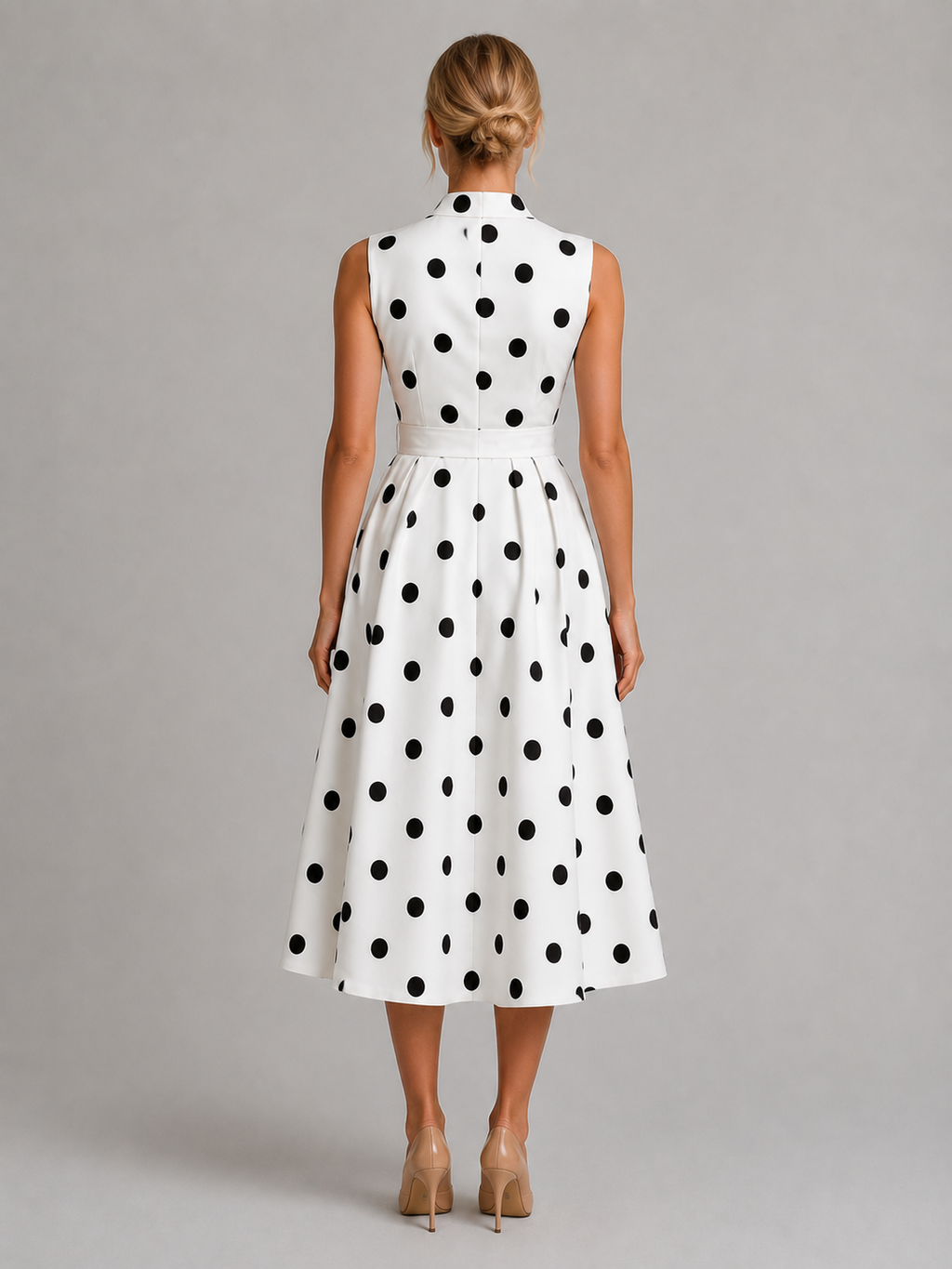 Women’s Polka Dot Midi Dress – Sleeveless V-Neck Summer Style