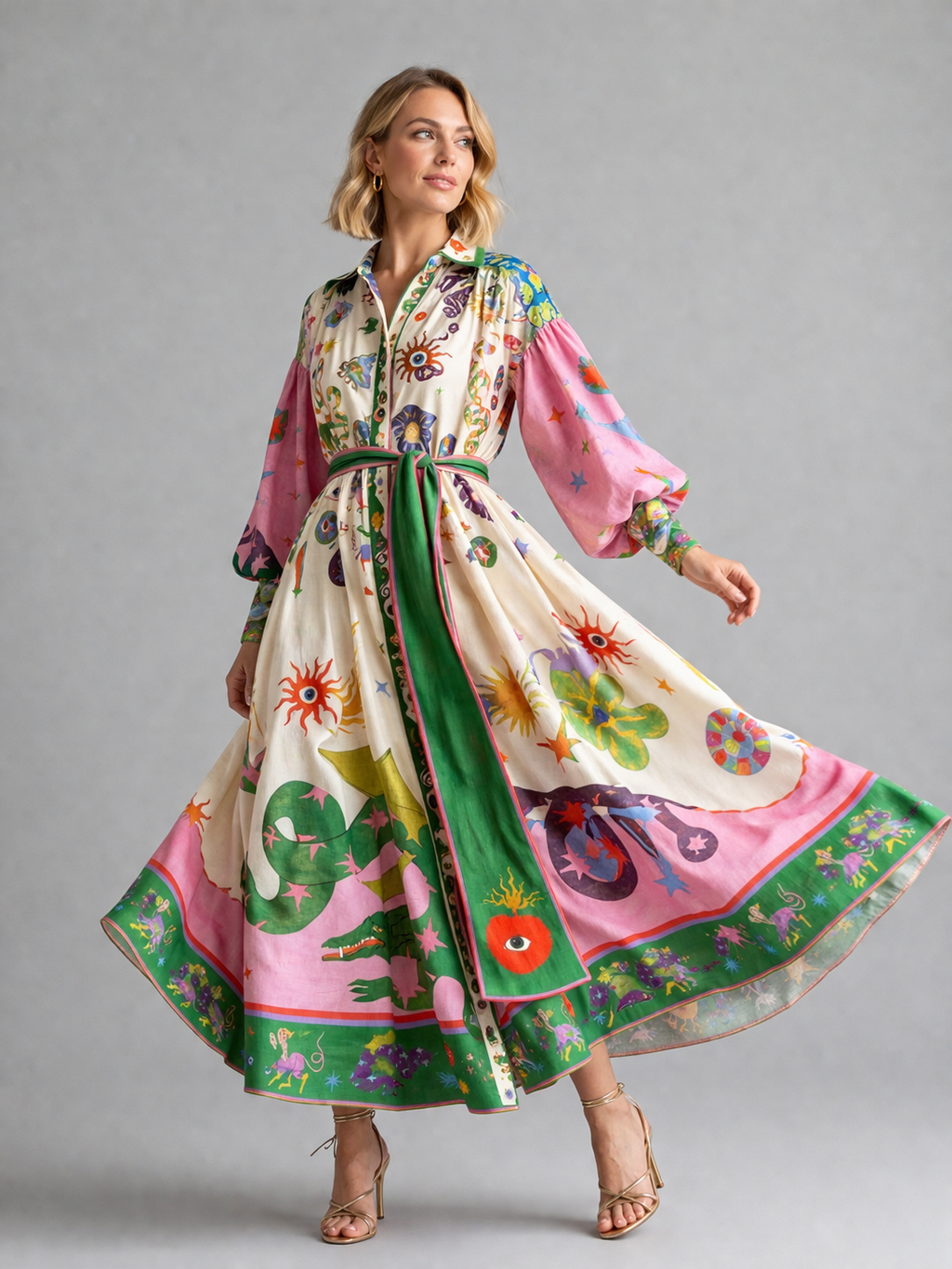 Women’s Printed Maxi Shirt Dress – Belted Artistic Summer Style
