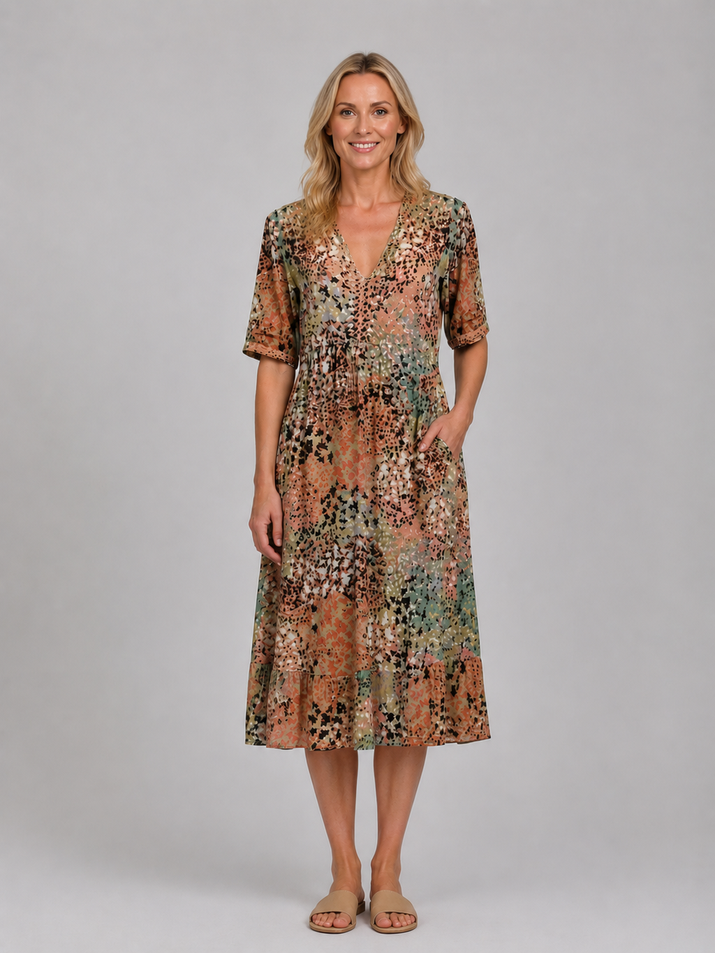 Women's Printed V-Neck Midi Dress – Relaxed Pocket Dress