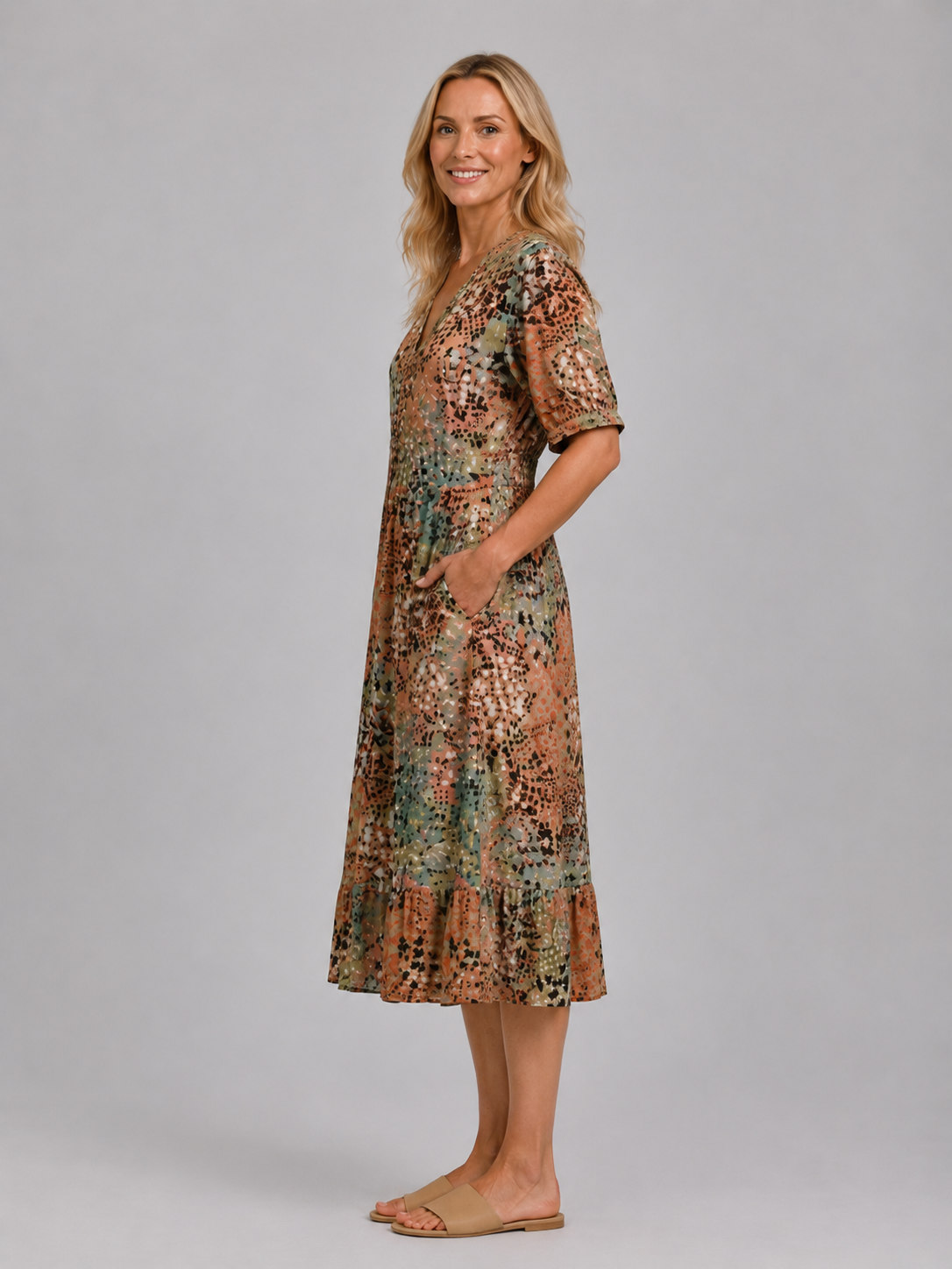 Women's Printed V-Neck Midi Dress – Relaxed Pocket Dress