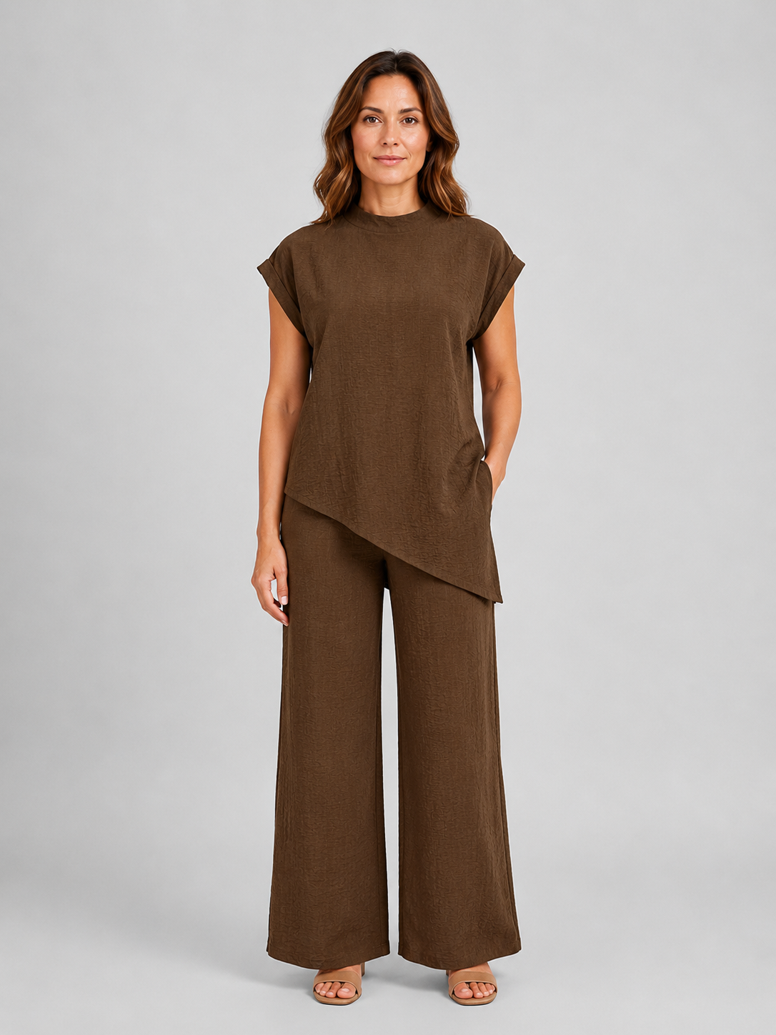 Women's Relaxed Co-Ord Set – Asymmetric Top & Wide Leg Trousers