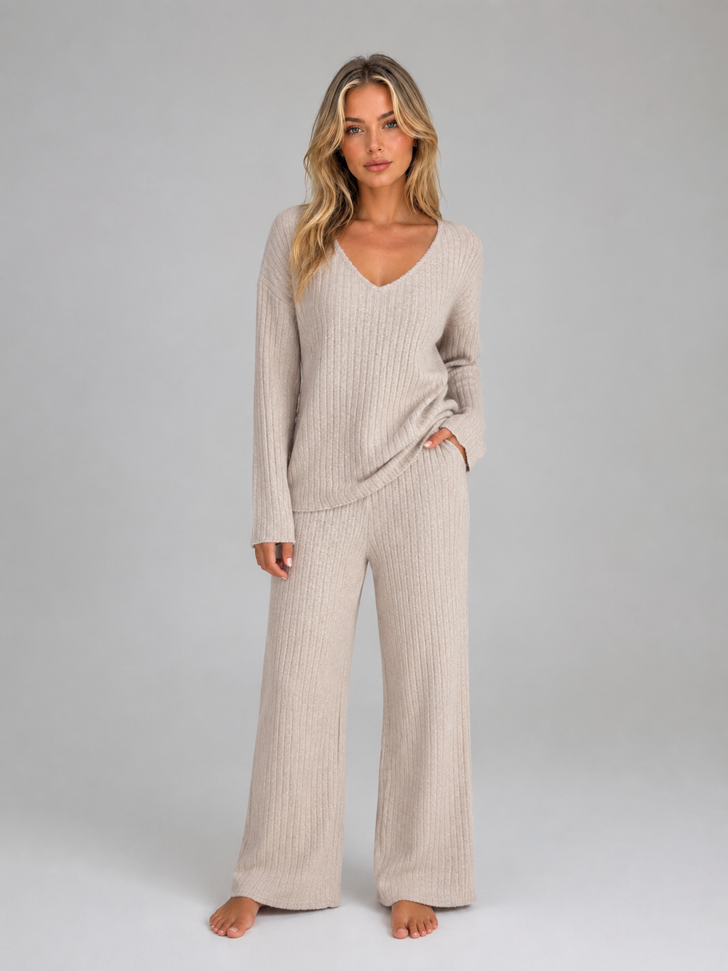Women's Ribbed Knit Lounge Set – Soft V-Neck Jumper & Wide Leg Trousers Co-Ord