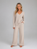 Women's Ribbed Knit Lounge Set – Soft V-Neck Jumper & Wide Leg Trousers Co-Ord