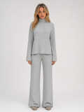 Women's Ribbed Knitted Lounge Set – Roll Neck Jumper & Wide Leg Trousers
