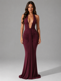 Women’s Ruched Halterneck Maxi Dress – Elegant Evening Gown
