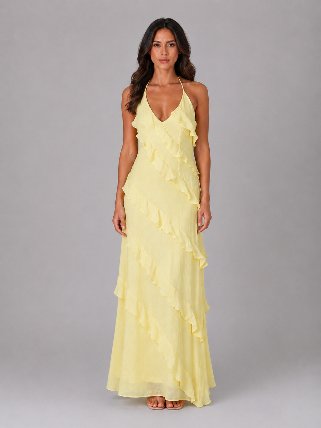 Women’s Ruffle Maxi Dress – Halter Neck & Tiered Layers