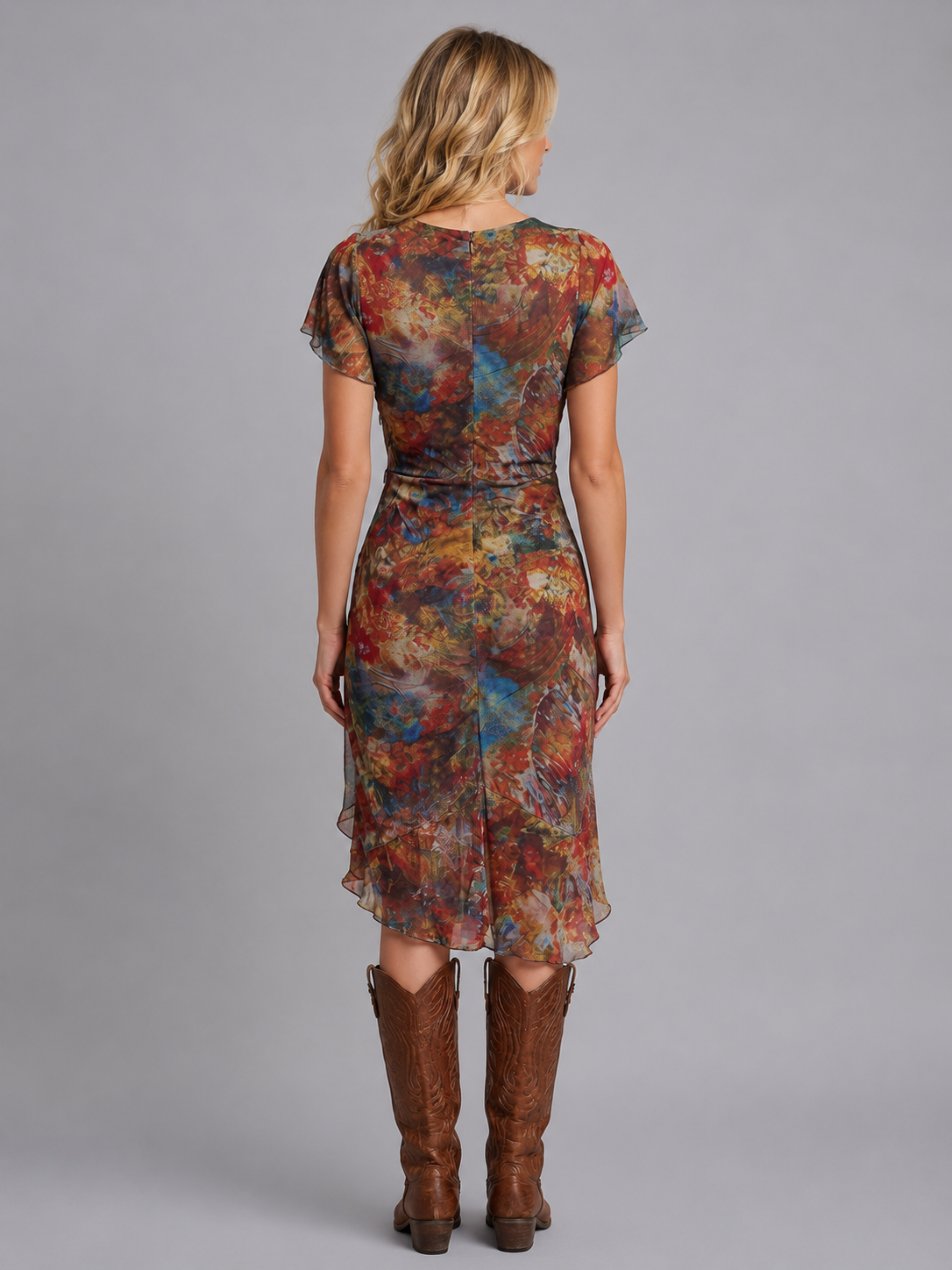 Women’s Ruffle Sleeve Midi Dress – Ruched Side Split Boho Style