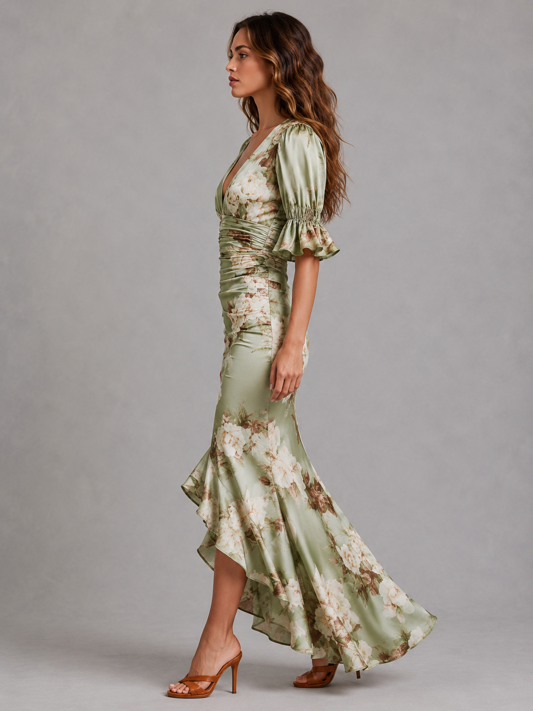 Women’s Satin Feel Floral Maxi Dress – Ruched Waist Flowing Silhouette