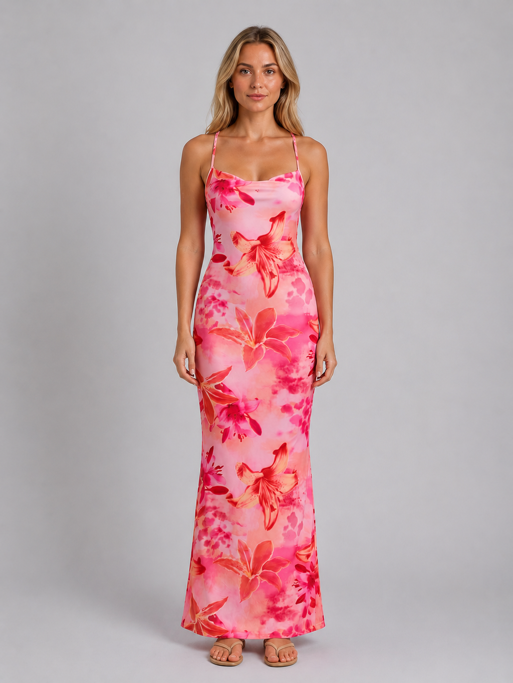 Women's Satin Feel Floral Maxi Dress – Sculpted Silhouette