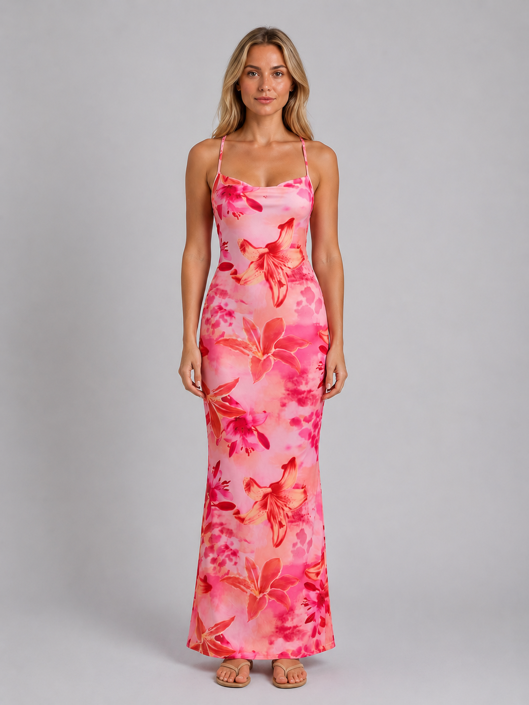 Women's Satin Feel Floral Maxi Dress – Sculpted Silhouette
