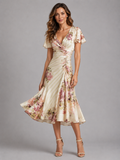 Women’s Satin Feel Floral Midi Dress – Ruched Waist Vintage Style