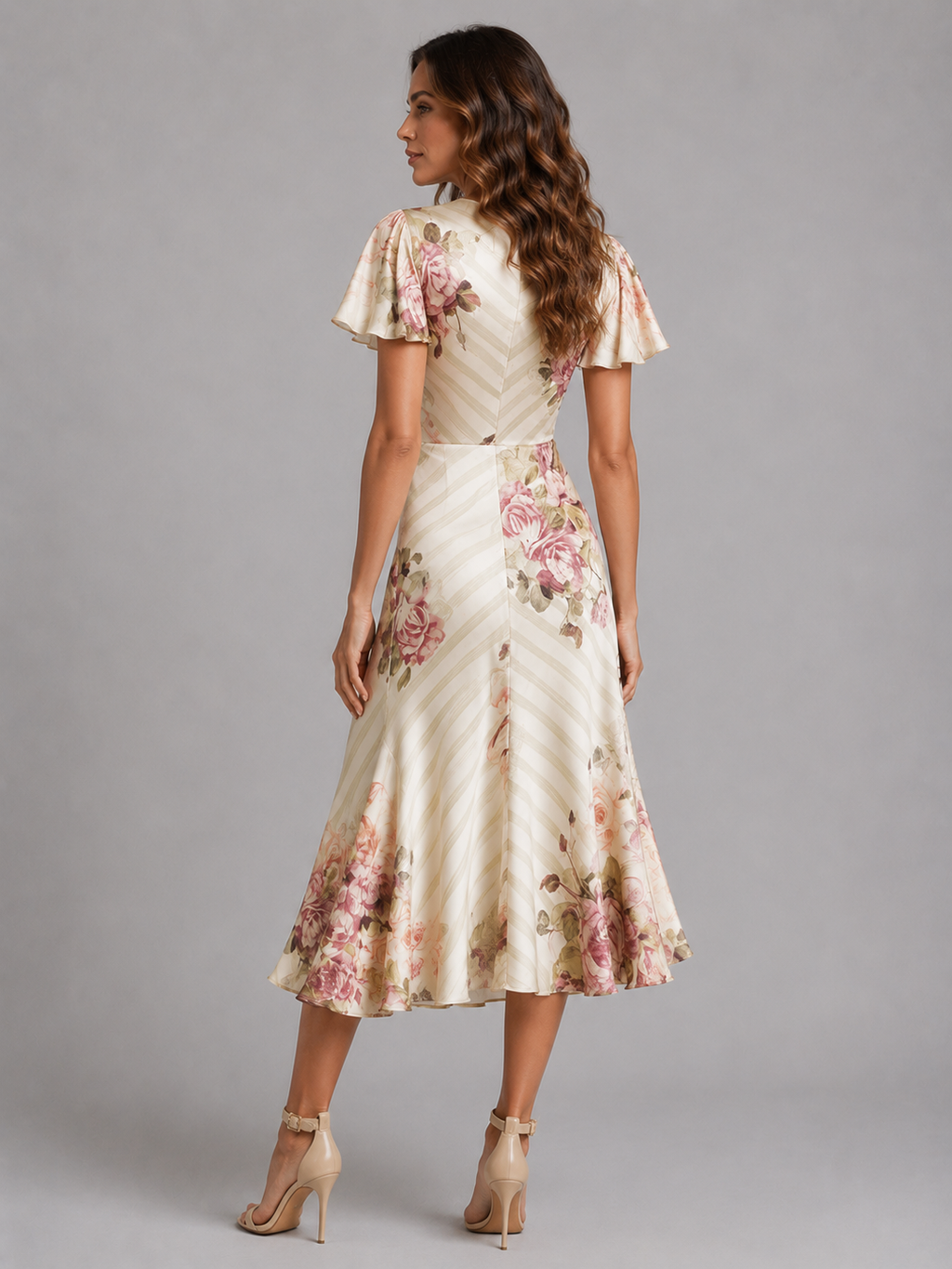 Women’s Satin Feel Floral Midi Dress – Ruched Waist Vintage Style