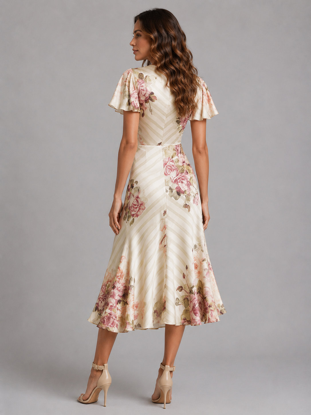 Women’s Satin Feel Floral Midi Dress – Ruched Waist Vintage Style