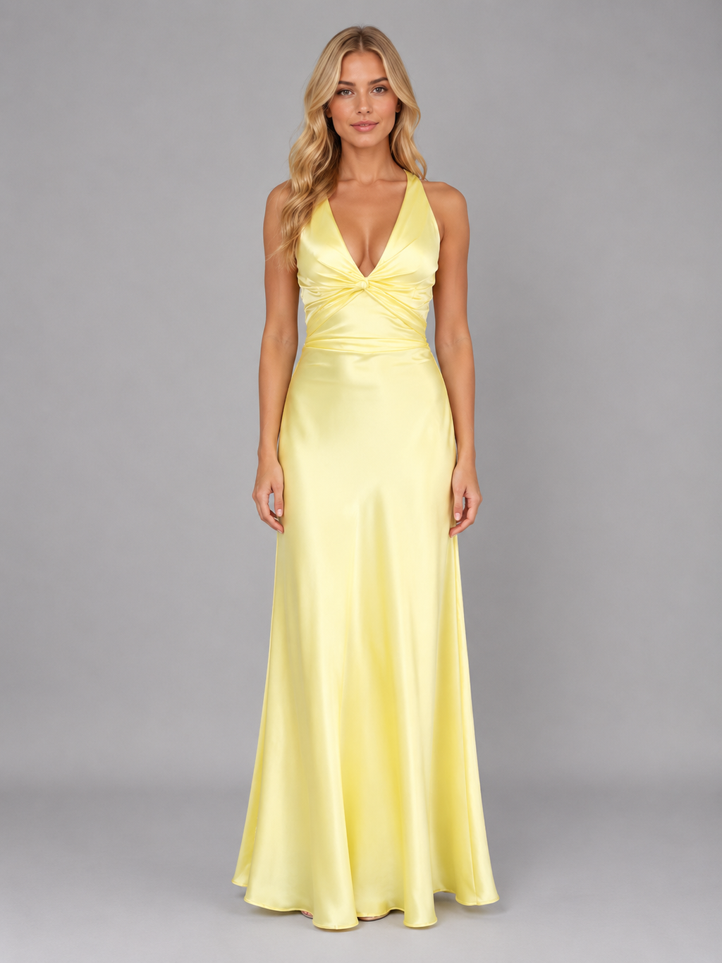 Women’s Satin Feel Halter Neck Maxi Dress – Ruched Evening Gown