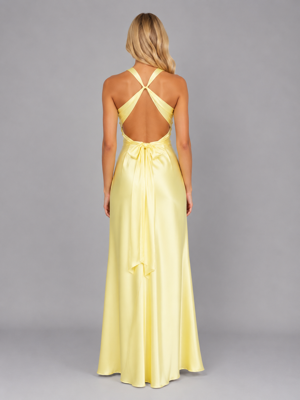 Women’s Satin Feel Halter Neck Maxi Dress – Ruched Evening Gown
