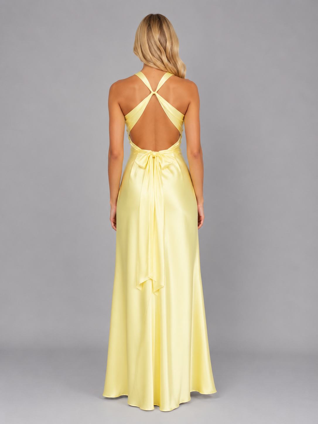 Women’s Satin Feel Halter Neck Maxi Dress – Ruched Evening Gown