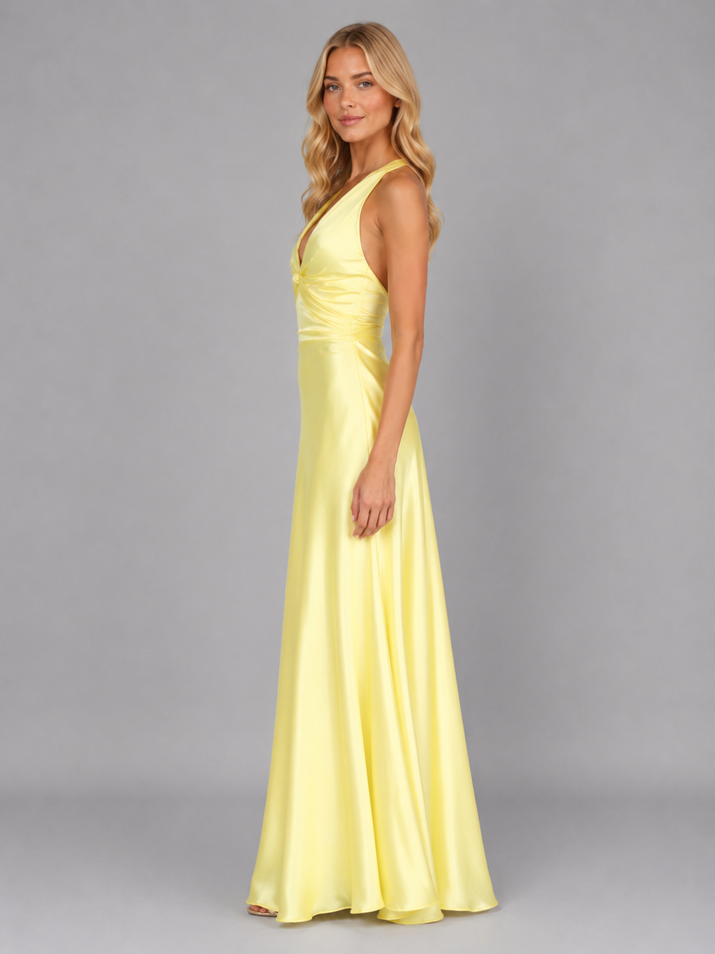Women’s Satin Feel Halter Neck Maxi Dress – Ruched Evening Gown