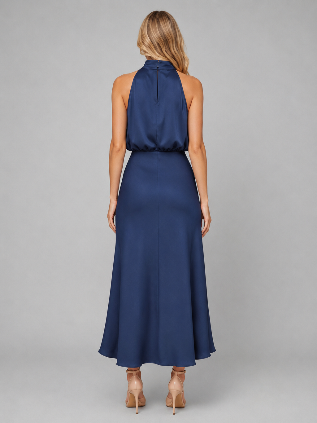 Women’s Satin Feel High Neck Midi Dress – Wedding Guest Occasion