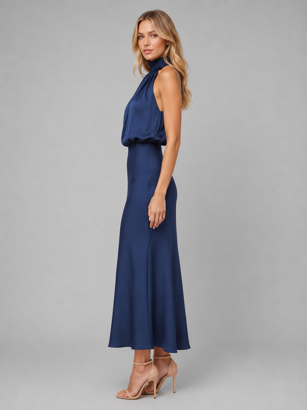 Women’s Satin Feel High Neck Midi Dress – Wedding Guest Occasion